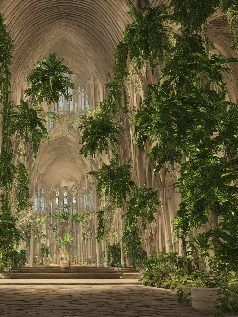 Image similar to grand cathedral interior with koi pond in the middle surrounded by palm trees, ivy, flowers, tropical plants, roses, and with archways, rendered in octane render with photorealistic soft volumetric lighting, cinematic, symmetrical