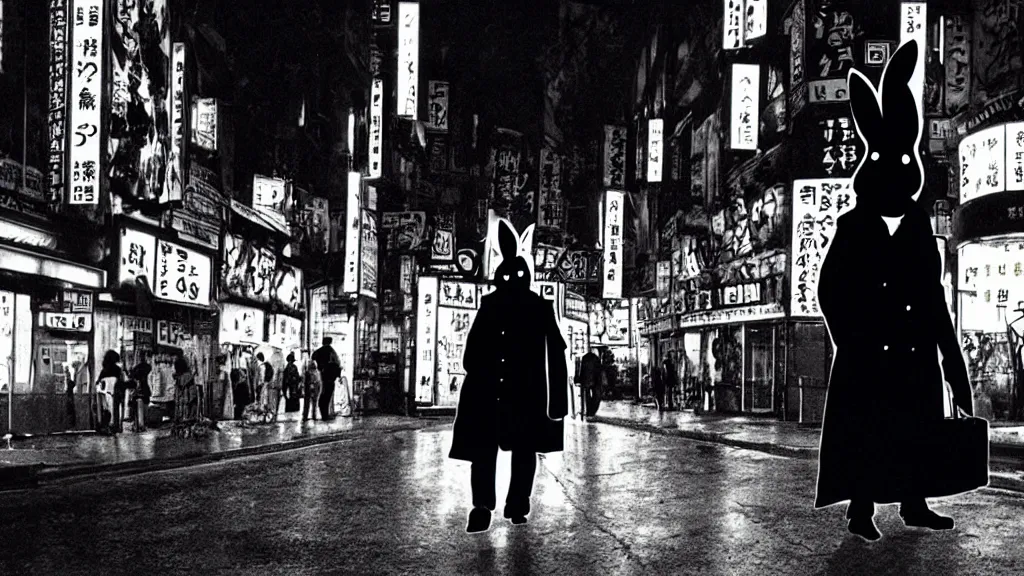 Image similar to a man in a trench coat wearing a black rabbit mask in front of a night club, film still from the an anime directed by Katsuhiro Otomo with art direction by Salvador Dalí, wide lens
