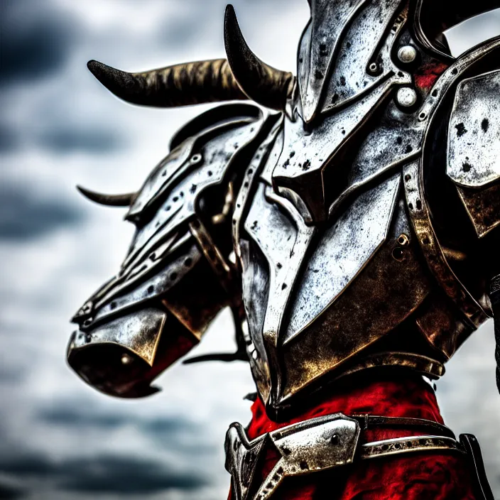 Image similar to photo of a warrior with metal cow themed armour, highly detailed, 4 k, hdr, smooth, sharp focus, high resolution, award - winning photo