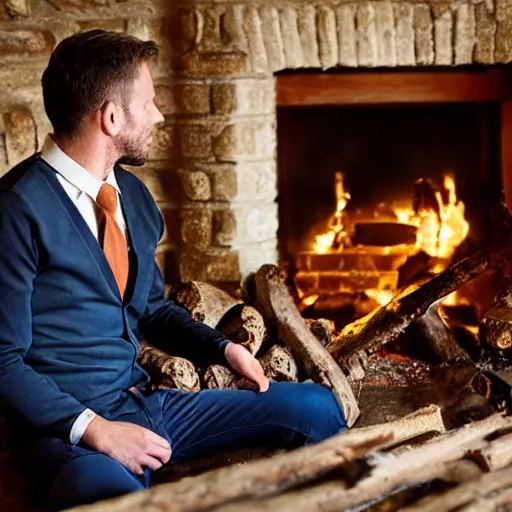 Prompt: man in a waistcoat sitting with a log fire on a table romantic soft focus nikon