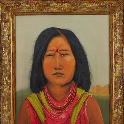 Image similar to a nepali woman wearing a white shawl, sad, oil painting