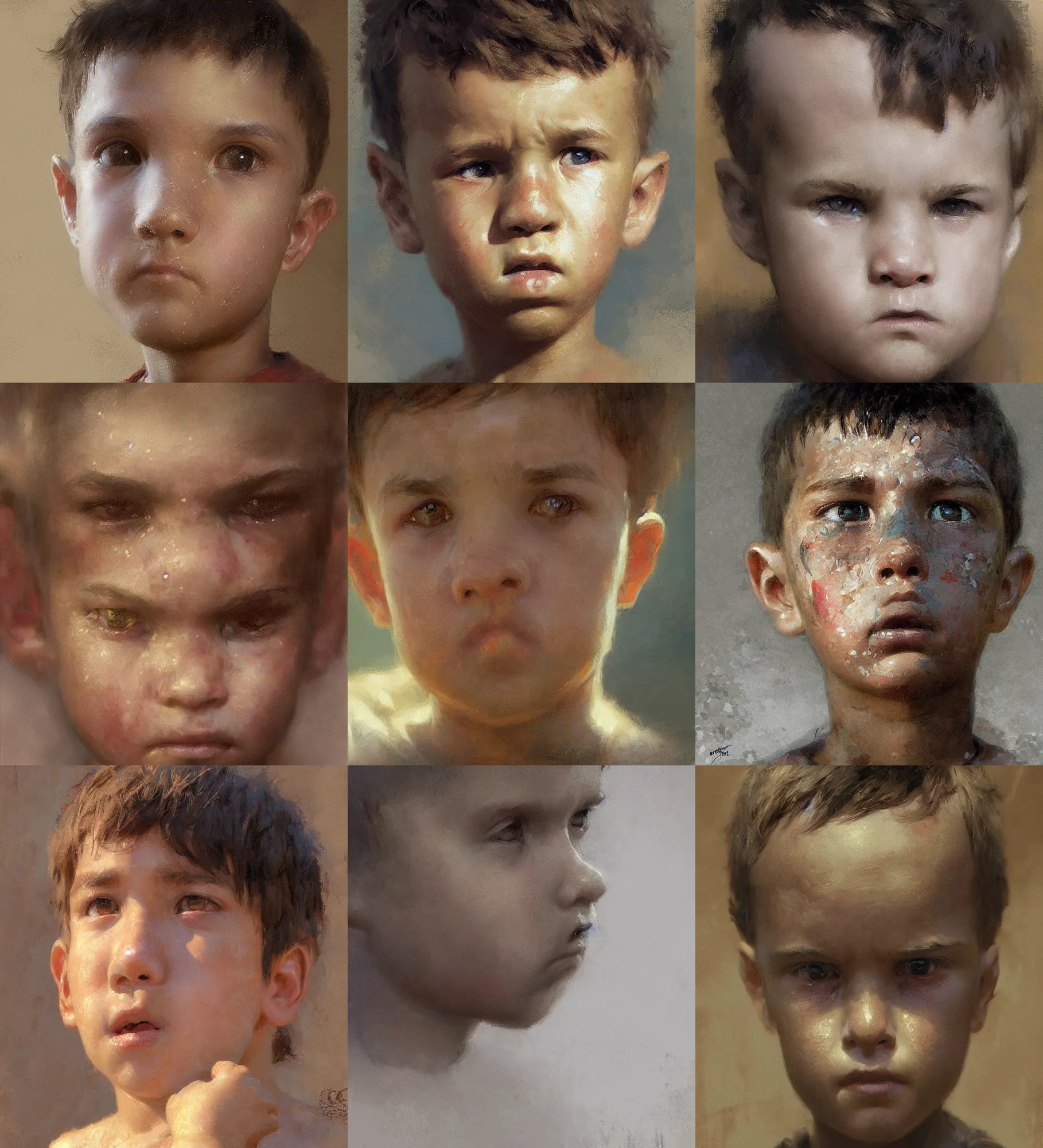 Prompt: digital art painting of a young boy with thinking face expression painted by craig mullins and gaston bussiere and greg rutkowski, symmetrical facial features, symmetrical face, defined facial features, dramatic lighting, close up