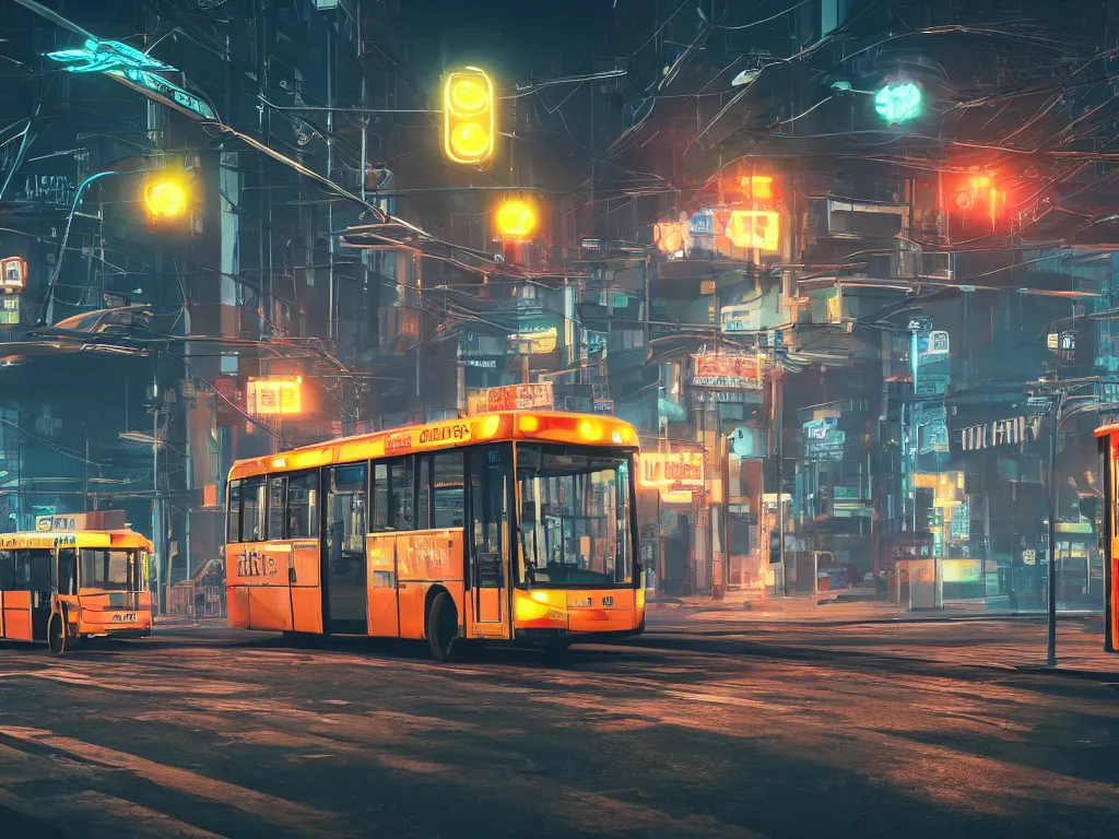 Image similar to trolleybus stands at a stop, headlights shine with neon light, atmospheric, futuristic, cyberpunk, ray tracing global illumination, 8 k resolution, ultra detailed