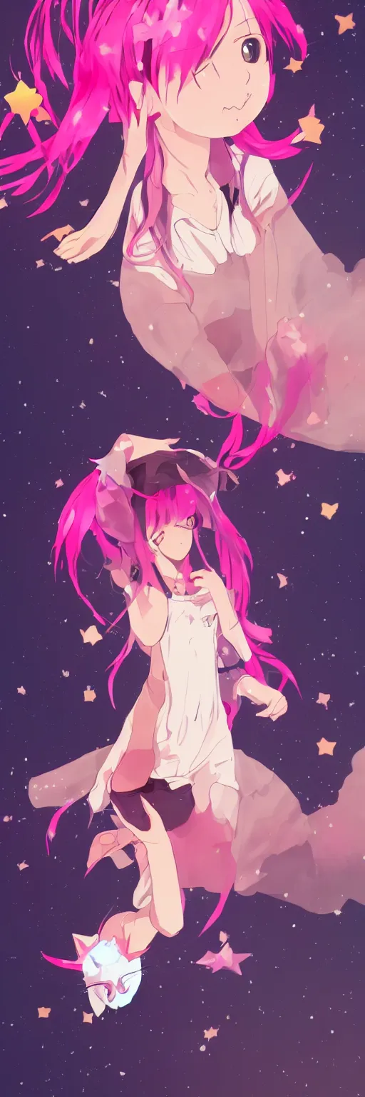 Prompt: A beautiful anime cat girl with pink hair, rule of thirds, digital art, iphone wallpaper, cgsociety, trending on artstation, sunset backgroung with shooting stars in the sky