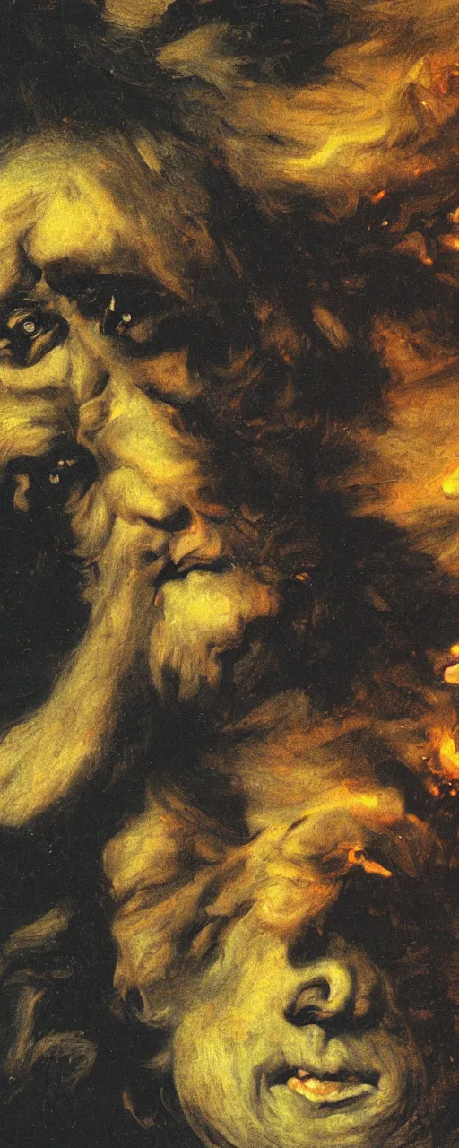 Image similar to a detail of a panting by francisco goya and ernst fuchs, angry face, war, fire, dark stone, explosions, 8 k, trending on artstation.