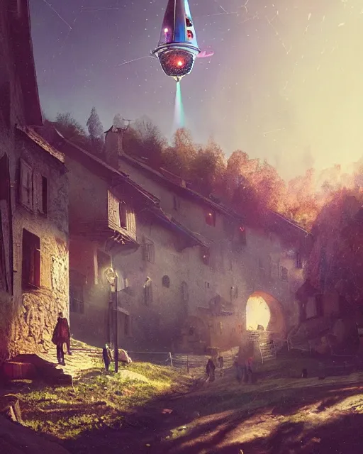 Image similar to ufo landing in italian medieval village, ultra realistic, lens flare, atmosphere, glow, detailed, intricate, full of colour, cinematic lighting, trending on artstation, 4 k, hyperrealistic, focused, extreme details, cinematic, masterpiece, by ismail inceoglu