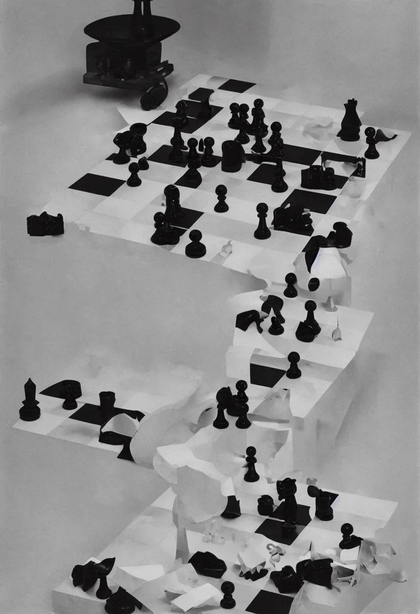 Image similar to A chessboard connected to a machine in a vast white room, Marcel Duchamp, Irving Penn, cyberpunk, 1919