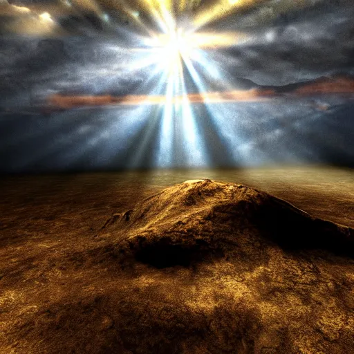 Prompt: the location of the buried treasure, god rays, dramatic lighting, highly textured, highly detailed, mysterious