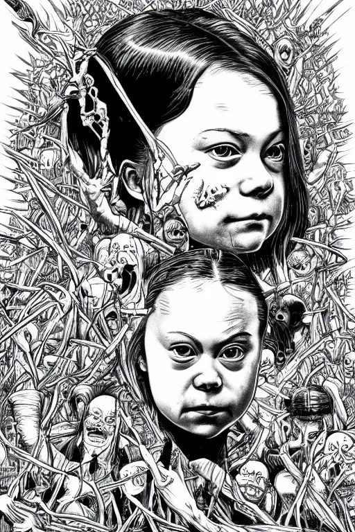 Prompt: greta thunberg evil, horror, dastardly, black and white, art by junji ito, trending on artstation, insanely detailed and intricate, hypermaximalist, elegant