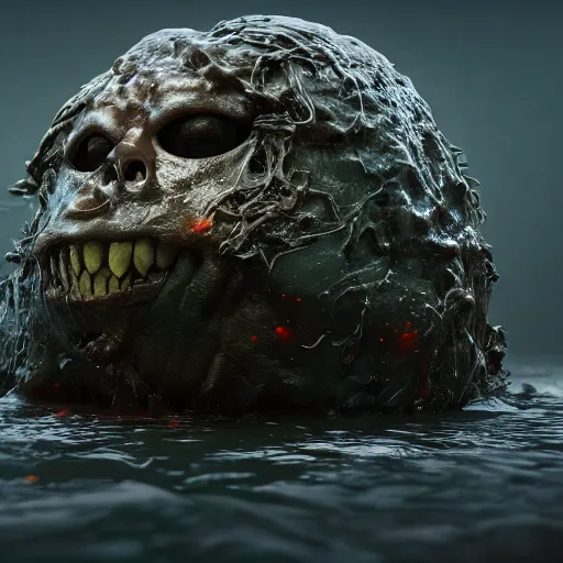 Prompt: a creepy monster blob, slimy tongue, saliva, translucent skin, standing in shallow water, covered in seaweed, drowned, unsettling, creepy, artstation, cgsociety, insanely detailed octane render, 8k artistic photography, photorealistic