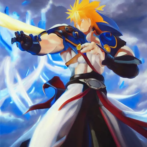 Image similar to An oil painting of Ky Kiske from Guilty Gear, detailed, sharp focus, trending on artstation