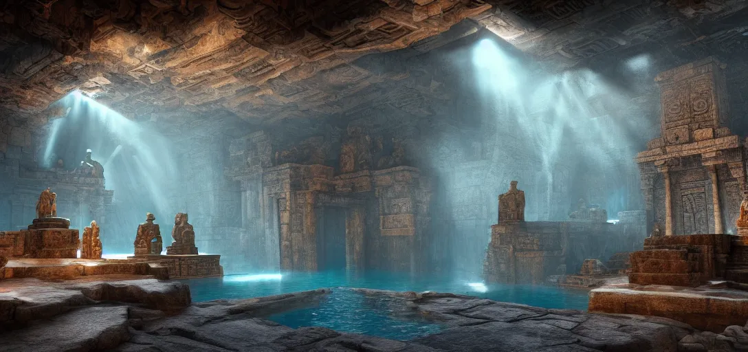 Image similar to dramatic photo of underground aztec interior, ambient occlusion, glowing pool of water, ancient goden statues, raytracing, unreal engine, dramatic lighting, detailed,, global illumination, god rays, 3 d artstation by greg rutowski and jessica rossier