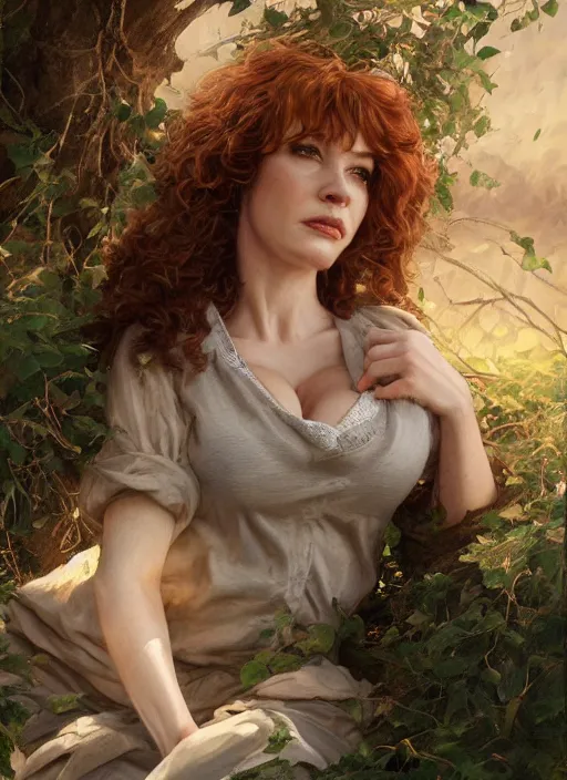 Image similar to tired Christina Hendricks taking a rest under a tree after an long adventure a ruggedly muscled handsome heroine, intricate, elegant, highly detailed, centered, digital painting, artstation, concept art, smooth, sharp focus, illustration, artgerm, donato giancola, Joseph Christian Leyendecker, WLOP, Artgerm, thunder storm