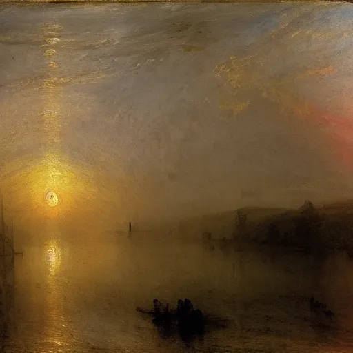 Image similar to sunrise over the river, william turner, english romanticism painter