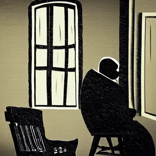 Image similar to angry old man in chair inside a dark house, surrealism