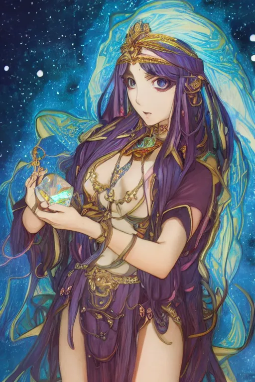 Image similar to psychedelic, intricate, highly detailed, anime, 4k, beautiful seductive lucina from fire emblem holding a crystal containing the universe, with professional makeup, long trippy hair, surrounded by gems, underneath the stars, trending on patreon, deviantart, twitter, artstation, volumetric lighting, heavy contrast, by artgerm and Ilya Kuvshinov and alphonse mucha