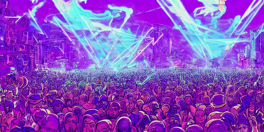 Image similar to view from stage as purple lightning strikes while rapper performs at festival, psychedelic light show, digital art, vapor wave, hip hop, trending on Artstation, professional artist, detailed, 4k