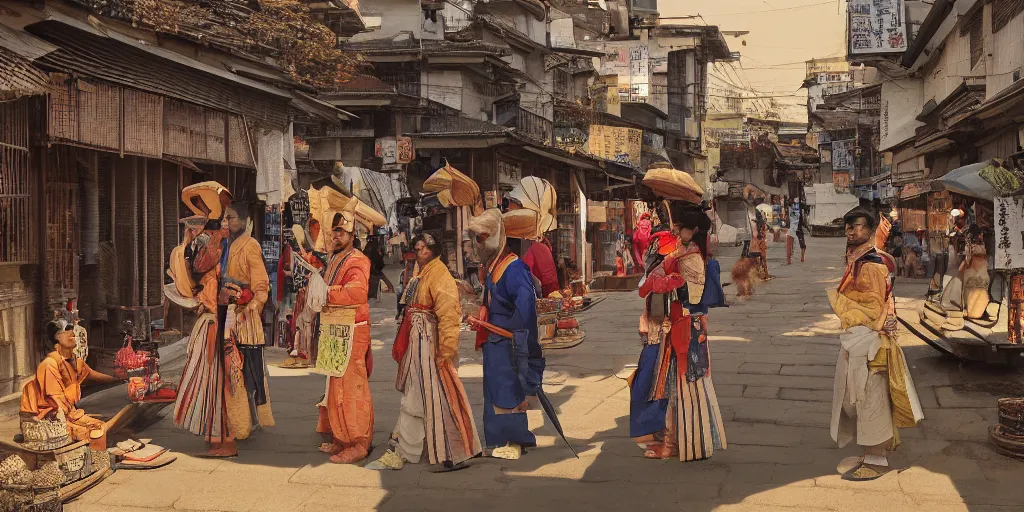 Image similar to india in the 1 8 0 0 s filled with japanese architecture, samurai's walking the streets, indians in traditional wear haggling with the street vendors, surreal, beautiful, hyper realistic, trending on artstation, 8 k, hd