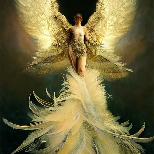 Image similar to feathered bird, covered in feathers, wings, flying, surreal, fantasy, intricate, elegant, dramatic lighting, emotionally evoking symbolic metaphor, highly detailed, lifelike, photorealistic, digital painting, artstation, concept art, smooth, sharp focus, illustration, art by John Collier and Krenz Cushart and Artem Demura and Alphonse Mucha and Albert Aublet