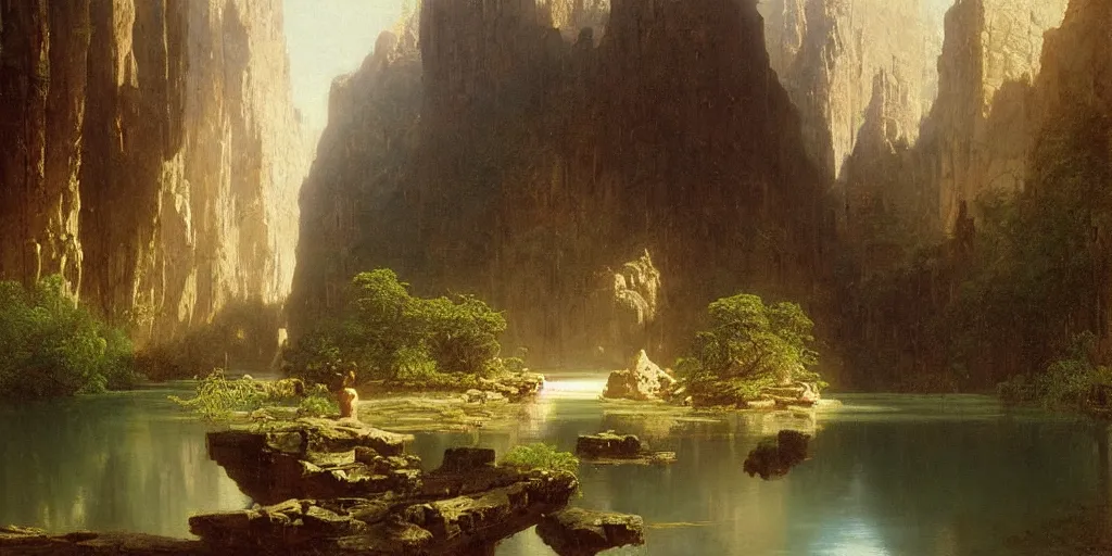 Prompt: lake in a canyon, midday, cinematic, albert bierstadt, greg rutkowski