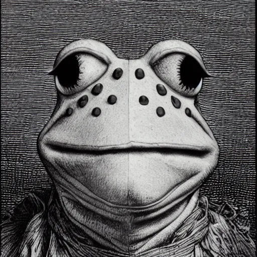 Image similar to portrait of Kermit the Frog, close up, realistic, very realistic, detailed, dramatic light, illustration by Gustave Doré