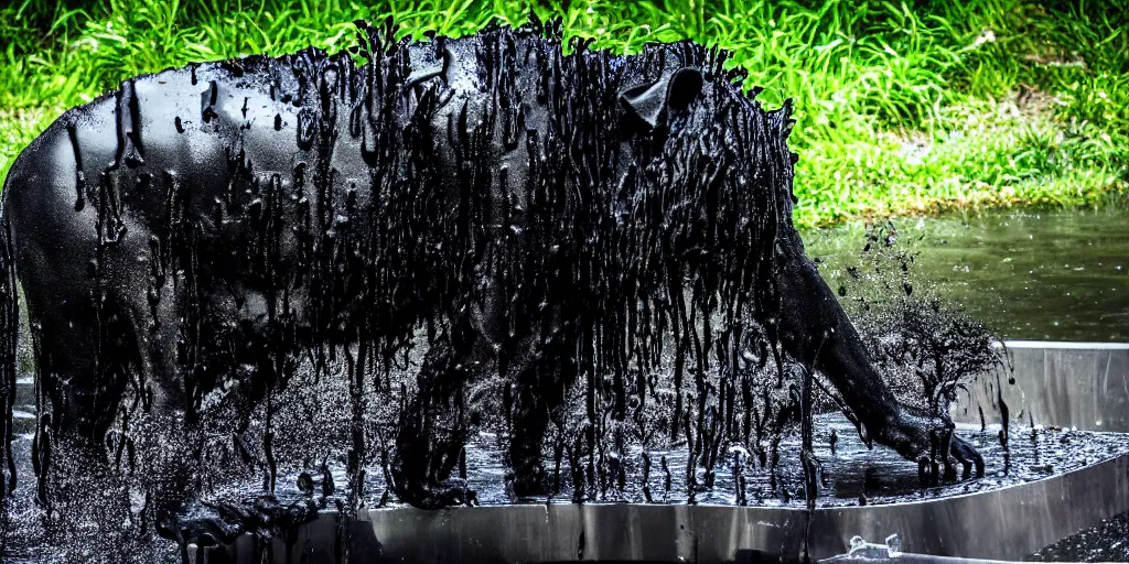 Image similar to the black lioness made of ferrofluid, bathing in the drinking basin in the zoo exhibit, viscous, sticky, full of black goo, covered with black goo, splattered black goo, dripping black goo, dripping goo, splattered goo, sticky black goo. photography, dslr, reflections, black goo, zoo, exhibit