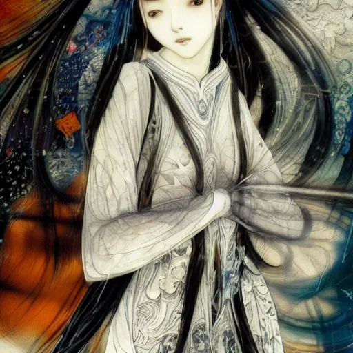 Image similar to yoshitaka amano blurred and dreamy realistic illustration of a young japanese woman with black eyes, wavy white hair fluttering in the wind wearing elden ring armor with engraving, abstract patterns in the background, satoshi kon anime, noisy film grain effect, highly detailed, renaissance oil painting, weird portrait angle, blurred lost edges, three quarter view