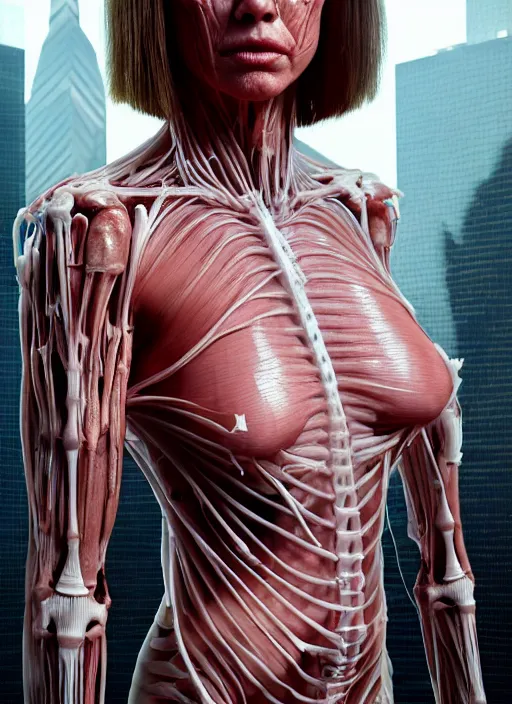 Image similar to 3 / 4 portrait, queen emma with transparent skin, visible muscle and bones and veins and nerves, hyperrealism, detailed textures, photorealistic 3 d cyberpunk hong kong city, futuristic clothing,, ultra realistic, cinematic, intricate, cinematic light, unreal engine 8 k, octane render, unreal engine by david kostic and stanley lau and artgerm