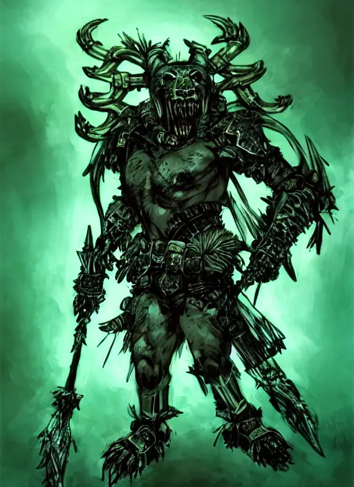 Image similar to Full body portrait of a gnoll warrior with a armour made of bones, emanating with green aura. In style of Yoji Shinkawa and Hyung-tae Kim, trending on ArtStation, dark fantasy, great composition, concept art, highly detailed, dynamic pose.