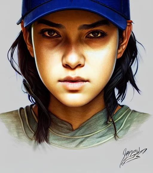 Image similar to symmetry ( clementine from the walking dead wearing her iconic baseball ( letter d ) hat portrait ) ultra detailed, intricate, anime, dynamic lighting, digital art, digital painting, art station, wlop, sharp focus, illustration, art by artgerm and greg rutkowski and alphonse mucha