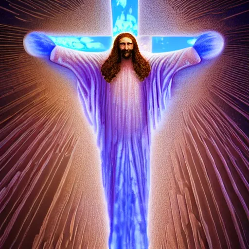 Image similar to a crystalline 3 d mandelbulb fractal in the shape of jesus christ on the cross, bioluminescent opal, fractal, magnificent lighting, ethereal, ray tracing, octane