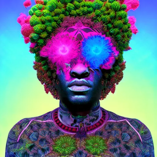 Image similar to an african marijuanna shaman with an afro made of flowers, third eye art art by machina infinitum, complexity from simplicity, rendered in octane, mandelbulb 3 d, ambient occlusion, macro photography, felt!!! texture, tribal, neon! retrowave