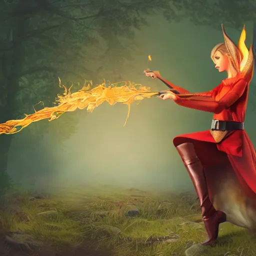 Image similar to a realistic illustration of a top half of a body of a female elf casting a fire spell