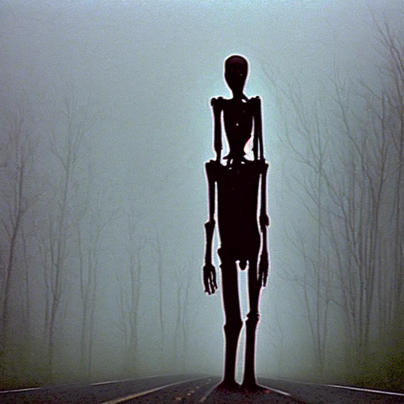 Prompt: 2 0 0 1 camcorder footage of a skinless figure standing silently on the side of a misty road, photorealistic, grainy, camcorder, horror, creepy, unsettling, liminal, strangely terrifying