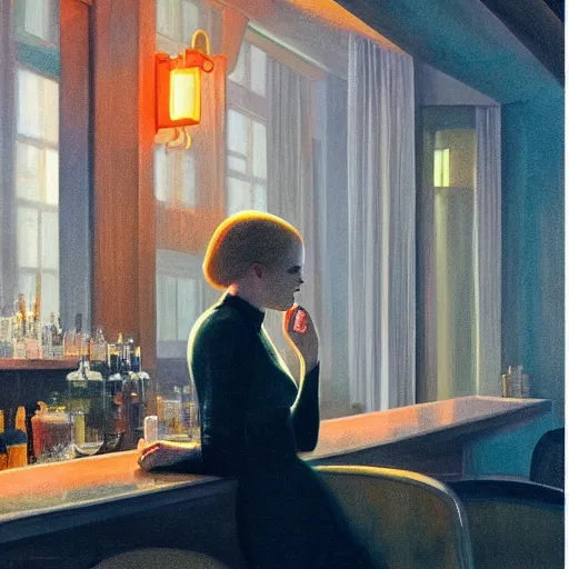 Prompt: Elle Fanning alone at a bar in the world of Edward Hopper, stormy weather, extremely detailed masterpiece, oil on canvas, low-key neon lighting, artstation, Blade Runner 2049, Roger Deakin’s cinematography, by J. C. Leyendecker and Peter Paul Rubens,