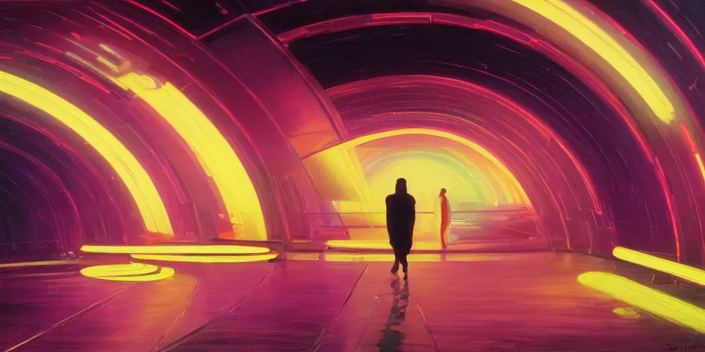 Image similar to a beautiful painting of a person walking out of a stargate by syd mead 8 k particulate neon light film grain