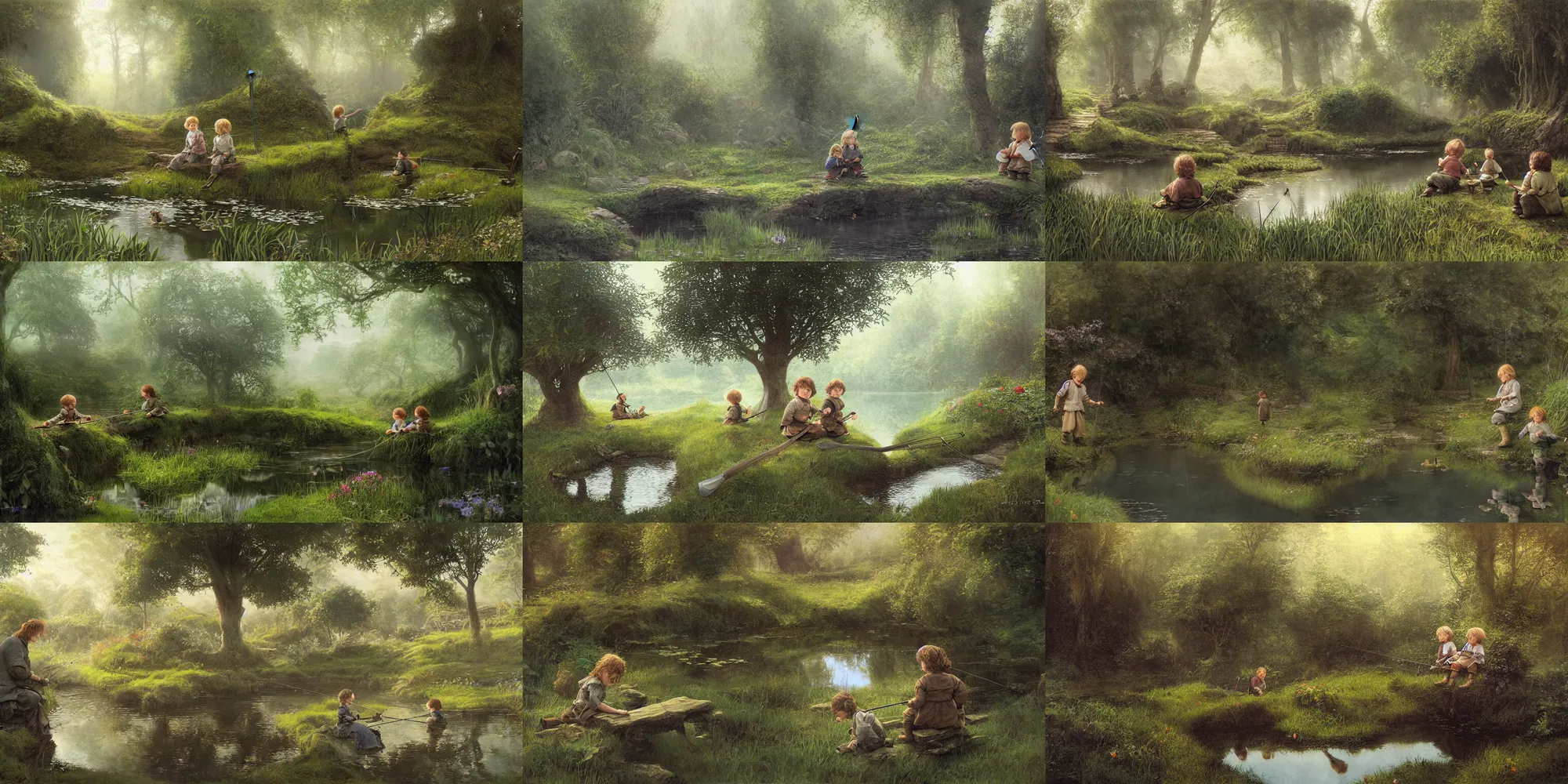 Prompt: two hobbit children sit with fishing poles near a mirror like pond, by alan lee, springtime flowers and foliage in full bloom, dark foggy forest background, sunlight filtering through the trees, digital art, art station.