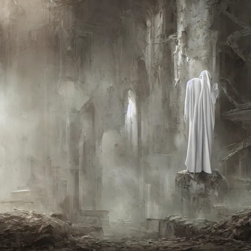 Prompt: a close up shot of a robot in a white robe standing in an abandoned sanctuary, sharp focus, shallow depth of field, blurred background, extravagant matte painting, highly detailed oil painting, 8k, devastatingly beautiful atmosphere, elegant cinematic fantasy art, overwhelming depth and detail, magic, soft colors, masterpiece