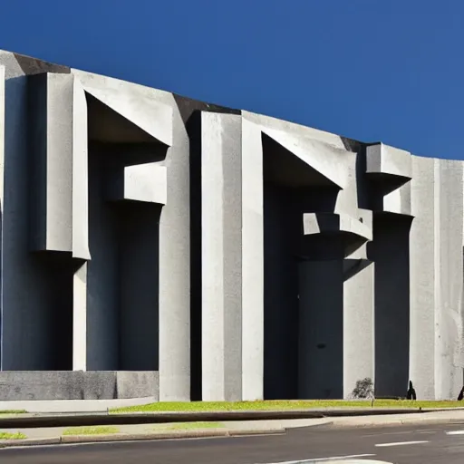 Prompt: brutalist building in the shape of a penrose triangle