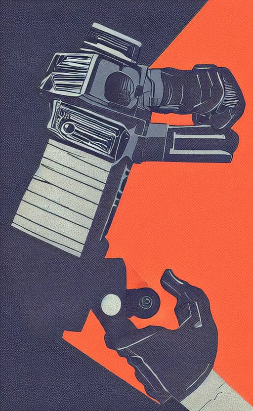 Image similar to “ hand in glove holding laser gun from the side, geometric, retro, digital art, award winning ”