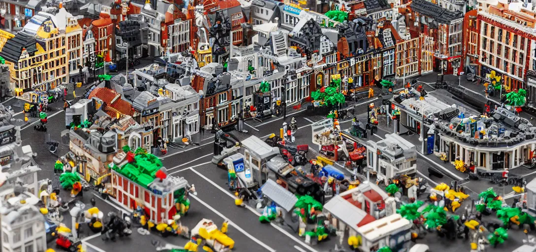 Image similar to detailed lego build of dublin city center on basement table, professional photo, professional lighting, HDR