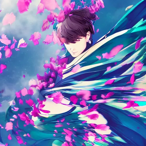 Image similar to background art of spaciously scattered multi colored flower petals flowing through the air from left to right on a clean background, anime, artgerm, manga, trending on artstation, yoji shinkawa, art nouveau