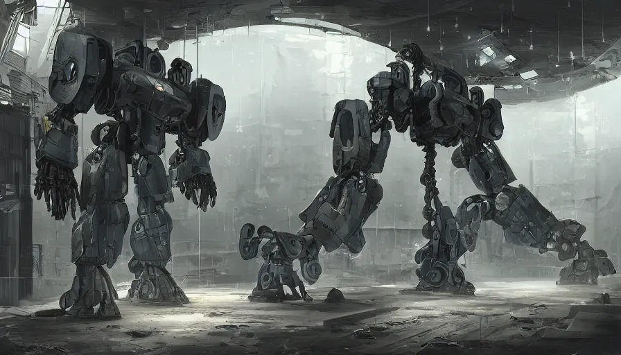 Prompt: Digital painting of an abandoned mecha in an abandoned space warehouse, hyperdetailed, artstation, cgsociety, 8k