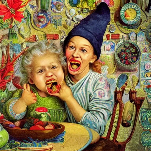 Image similar to hyper realistic hight detailed grandmother with a big mouth eating a baby on the table in the russian kitchen, style by ernst haeckel, bright colors