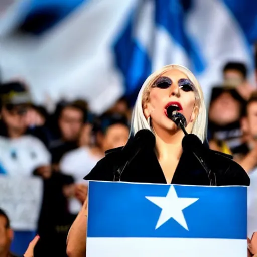 Image similar to Lady Gaga as president, Argentina presidential rally, Argentine flags behind, bokeh, giving a speech, detailed face, Argentina