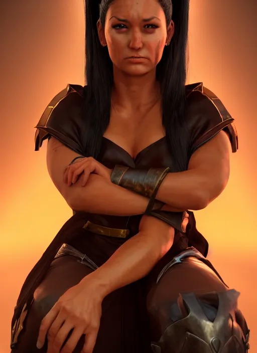 Image similar to An epic fantasy comic book style portrait painting of a tan woman with black hair in a pony tail and serious eyes sitting on a large chair, unreal 5, DAZ, hyperrealistic, octane render, cosplay, RPG portrait, dynamic lighting