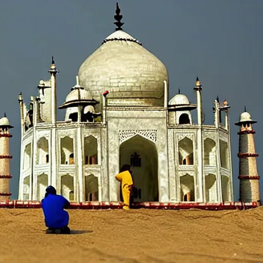 Image similar to a photo of tiny men constructing taj mahal made of sand