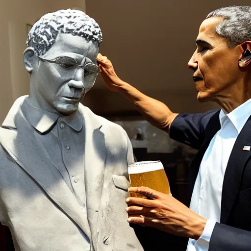 Image similar to a statue of obama drinking beer, handcrafted marble, presidential statue, obama, beer