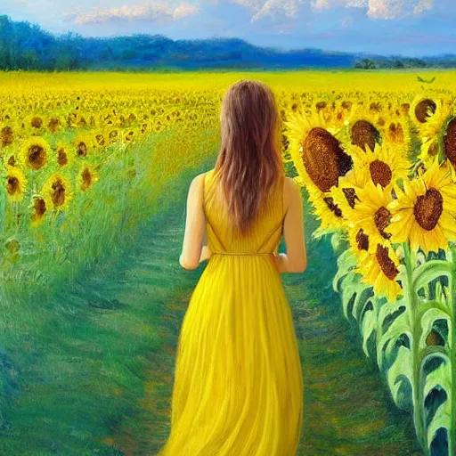 Image similar to a girl in really long dress slowly walking through amazing tall sunflower field, hair flowing, early morning lighting, elegant, subtle, intricate details, real masterpiece, oil on canvas, by somsak anong