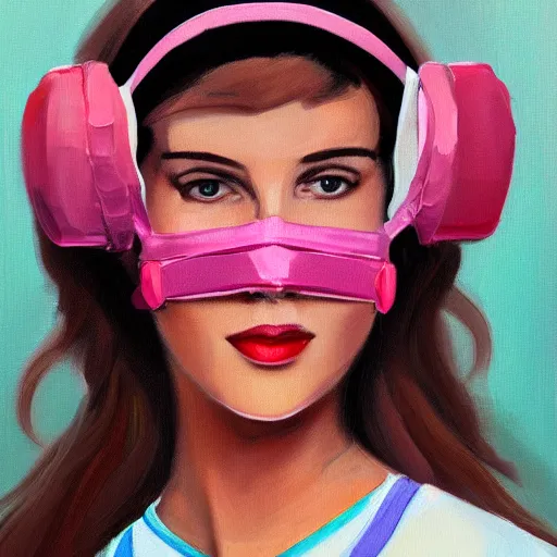 Image similar to A woman in 1980s clothing with a visor on her face and wearing a surgical mask, gucci catwalk, oil painting, digital art, ultradetailed, artstation